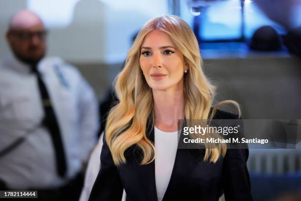 Ivanka Trump arrives for the civil fraud trial of her father former President Donald Trump at New York State Supreme Court on November 08, 2023 in...