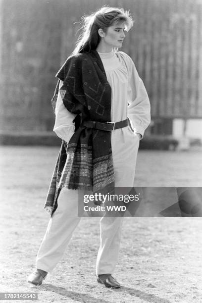 Model poses in a look from WilliWear's fall collection at New York's Public Library.
