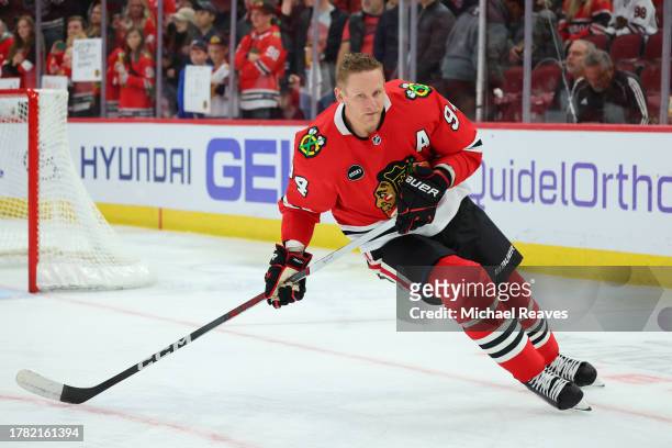 Corey Perry of the Chicago Blackhawks warms up prior to the game against the Vegas Golden Knights at the United Center on October 21, 2023 in...