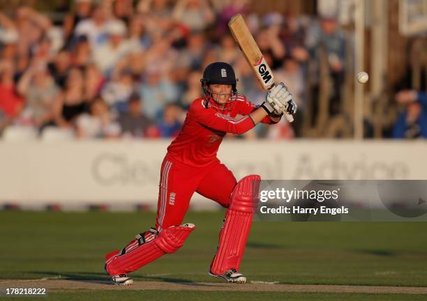 Sarah Taylor of England hits out during the first NatWest T20 match between England and Australia at the Ford County Ground on August 27, 2013 in...