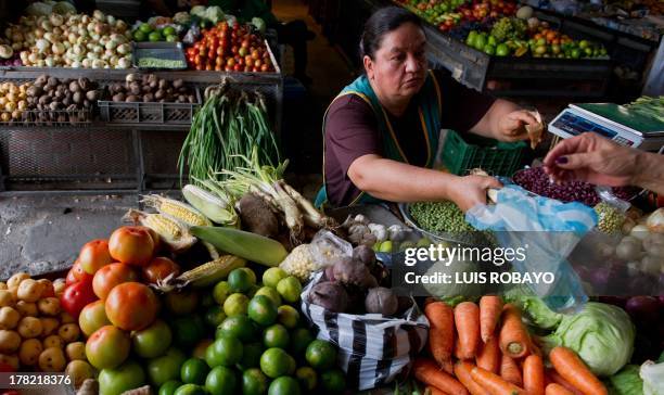 Woman buys vegetables at "La Alameda" market in Cali, department of Valle del Cauca, Colombia, on August 27 during the farmers strike. Since the...