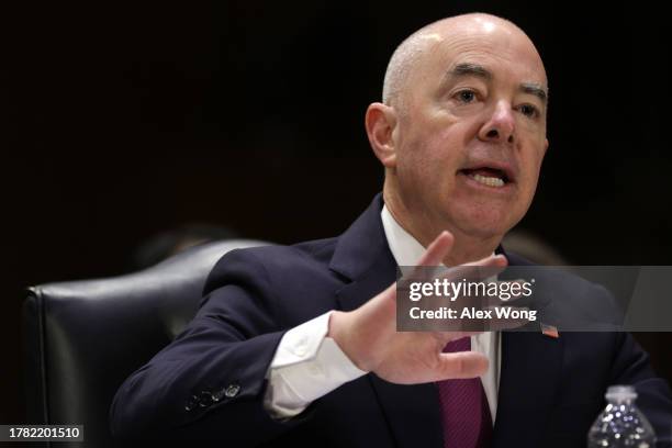 Secretary of Homeland Security Alejandro Mayorkas speaks during a hearing before Senate Appropriations Committee at Dirksen Senate Office Building on...