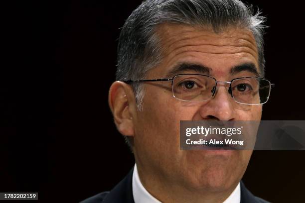 Secretary of Health and Human Services Xavier Becerra testifie during a hearing before Senate Appropriations Committee at Dirksen Senate Office...