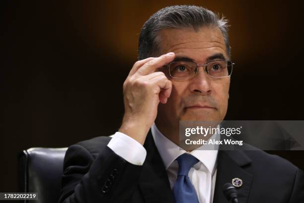 Secretary of Health and Human Services Xavier Becerra testifie during a hearing before Senate Appropriations Committee at Dirksen Senate Office...