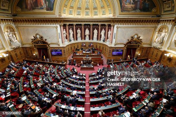 French leftist senator Michel Masset addresses the Senate during a voting session on an immigration bill at the French Senate in Paris on November...