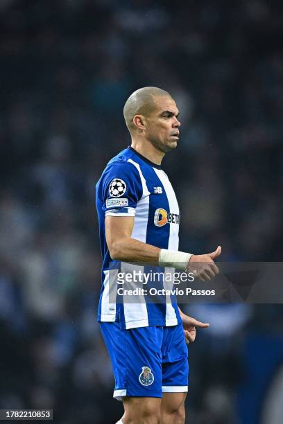 Pepe of FC Porto gestures during the UEFA Champions League match between FC Porto and Royal Antwerp FC at Estadio do Dragao on November 7, 2023 in...