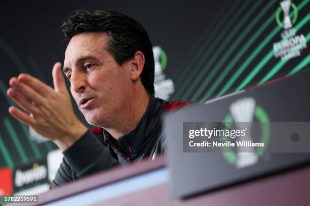 Unai Emery head coach of Aston Villa talks to the press durning a press conference at Bodymoor Heath training ground on November 08, 2023 in...