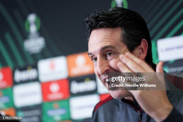 Unai Emery head coach of Aston Villa talks to the press durning a press conference at Bodymoor Heath training ground on November 08, 2023 in...