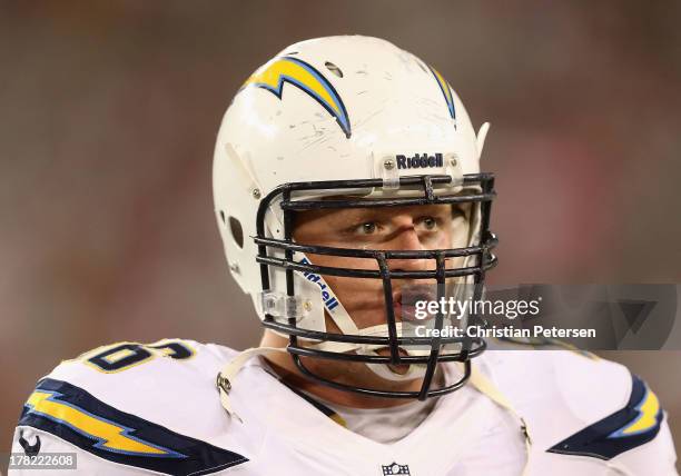 Tackle Jeromey Clary of the San Diego Chargers on the sidelines during the preseason NFL game against the Arizona Cardinals at the University of...