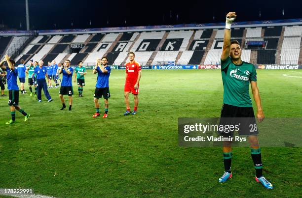 Adam Szalai of Schalke celebrates after the final whistle of the UEFA Champions League second leg play-off match between PAOK Saloniki and FC Schalke...