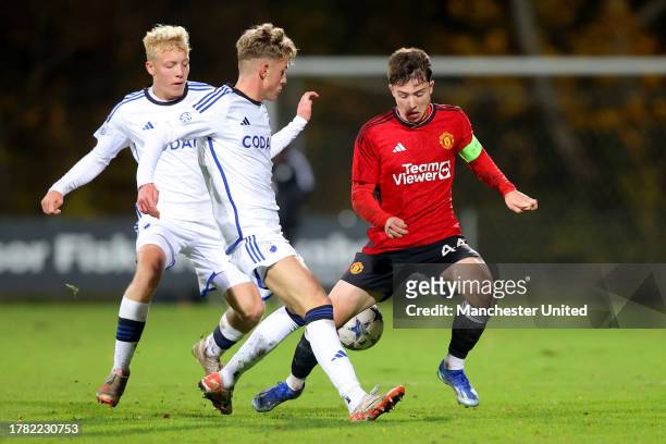 Daniel Gore of Manchester United controls the ball during the UEFA Youth League 2023/24 match between F.C Copenhagen and Manchester United at...