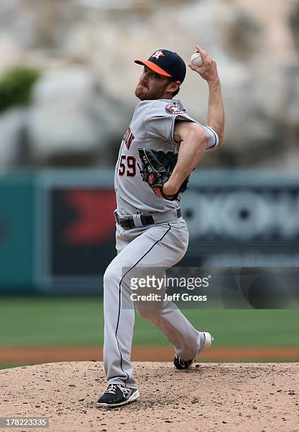 Philip Humber of the Houston Astros pitches against the Los Angeles Angels of Anaheim at Angel Stadium of Anaheim on April 14, 2013 in Anaheim,...
