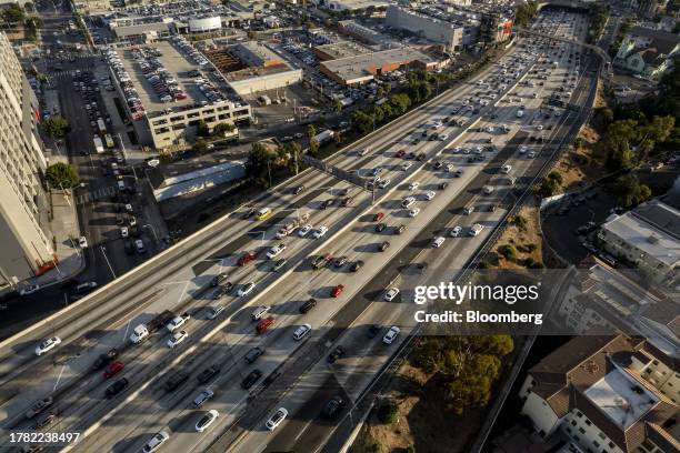 Traffic on Interstate 110 in Los Angeles, California, US, on Monday, Nov. 13, 2023. Los Angeles, a city known for epic commutes and freeway gridlock,...