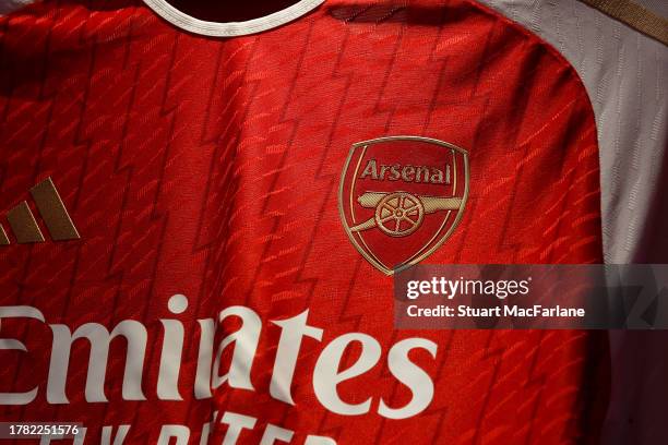 Detailed view of an Arsenal jersey inside the Arsenal dressing room prior to the UEFA Champions League match between Arsenal FC and Sevilla FC at...