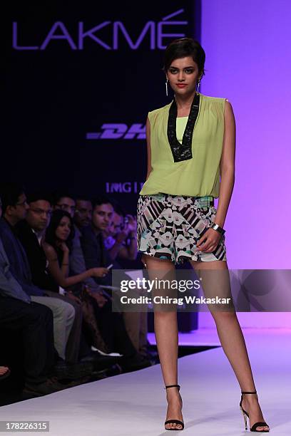 Model showcases designs by Bisou Bisou during day 5 of Lakme Fashion Week Winter/Festive 2013 at the Hotel Grand Hyatt on August 27, 2013 in Mumbai,...