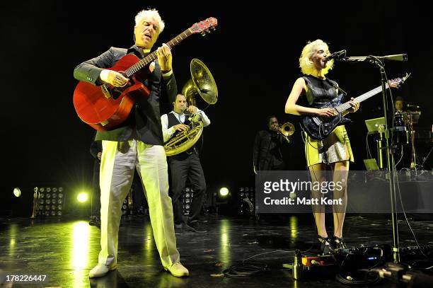 David Byrne and St Vincent perform at The Roundhouse on August 27, 2013 in London, England.