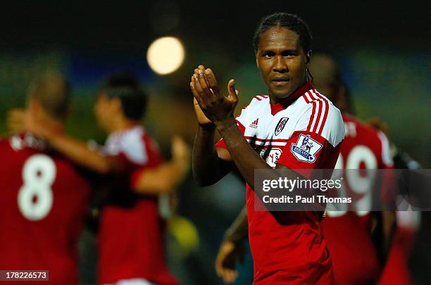 Hugo Rodallega of Fulham claps towards the away fans after the Capital One Cup Second Round match between Burton Albion and Fulham at the Pirelli...