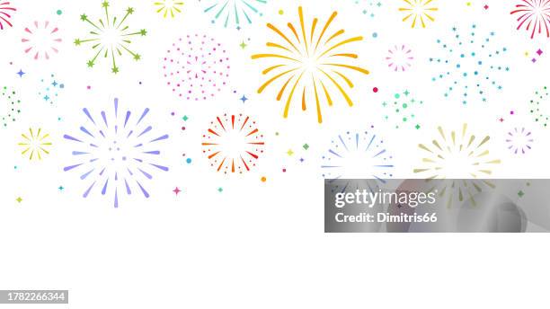 ilustrações de stock, clip art, desenhos animados e ícones de fireworks banner with copy space. anniversary, new year, celebrate, festival - espetáculo de fogo de artifício