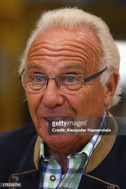 Guenter Steinberg attends the official 2013 Oktoberfest one-liter beer glass presentation three weeks ahead of Oktoberfest on August 27, 2013 in...
