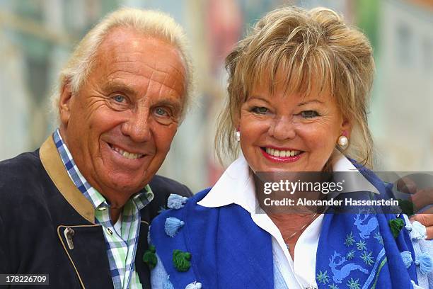 Margot Steinberg attends with Guenter Steinberg the official 2013 Oktoberfest one-liter beer glass presentation three weeks ahead of Oktoberfest on...