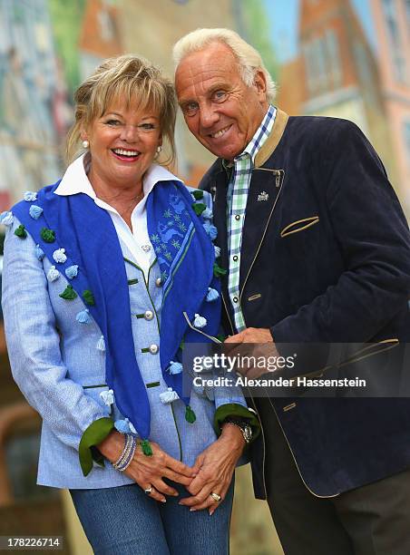 Margot Steinberg attends with Guenter Steinberg the official 2013 Oktoberfest one-liter beer glass presentation three weeks ahead of Oktoberfest on...