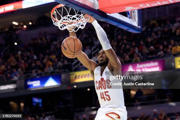 Donovan Mitchell of the Cleveland Cavaliers dunks the ball in the game against the Indiana Pacers at Gainbridge Fieldhouse on November 03, 2023 in...