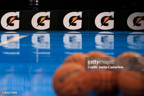 The Gatorade logo is seen on the sidelines prior to the game between the Cleveland Cavaliers and the Indiana Pacers at Gainbridge Fieldhouse on...