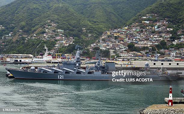 View of Russian guided missile cruiser "Moscow", in the port of La Guaira, 30 km north from Caracas on August 27, 2013. A fleet of the Russian navy,...