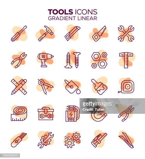 colorful tools icon set - editable stroke, house repair, toolbox, wrench, screwdriver, handle, equipment - hammer logo stock illustrations
