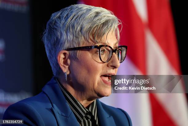 Carol Tome participates in a discussion hosted by the Economic Club of Washington, DC at the Ritz Carlton Hotel on November 08, 2023 in Washington,...