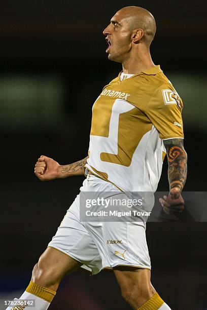 Ariel Nahuelpan of Pumas celebrates a goal against Atletico San Luis during a match between Pumas and Atletico San Luis as part of the Apertura 2013...