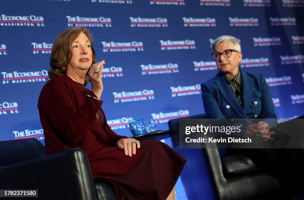 Barbara Humpton, CEO of Siemens U.S.A, participates in a discussion with UPS CEO Carol Tome at a lunch event hosted by the Economic Club of...