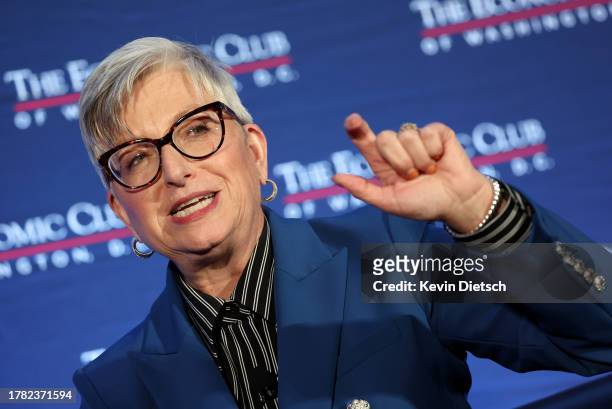 Carol Tome participates in a discussion hosted by the Economic Club of Washington, DC at the Ritz Carlton Hotel on November 08, 2023 in Washington,...