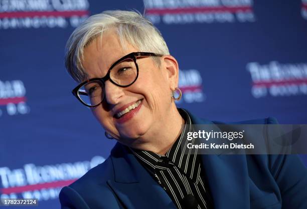 Carol Tome participates in a discussion hosted by the Economic Club of Washington, DC at the Ritz Carlton Hotel on November 08, 2023 in Washington,...