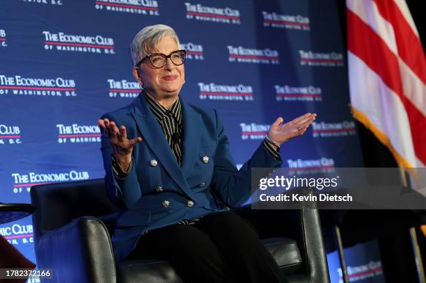 Carol Tome participates in a discussion hosted by the Economic Club of Washington, DC at the Ritz Carlton Hotel on November 08, 2023 in Washington,...