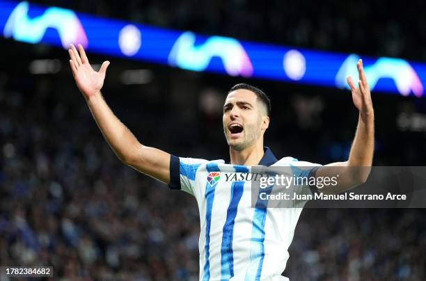 Mikel Merino of Real Sociedad celebrates after scoring the team's first goal during the UEFA Champions League match between Real Sociedad and SL...