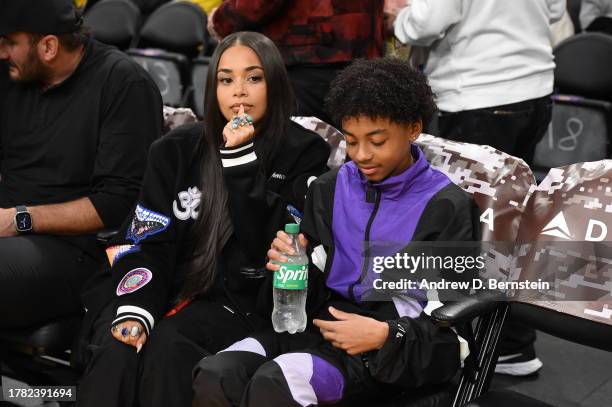 Lauren London and Kameron Carter attend a basketball game between the Los Angeles Lakers and the Portland Trail Blazers on November 12, 2023 at...