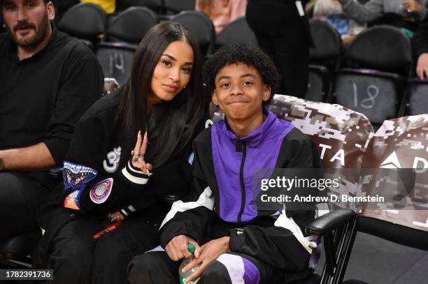 Lauren London and Kameron Carter attend a basketball game between the Los Angeles Lakers and the Portland Trail Blazers on November 12, 2023 at...