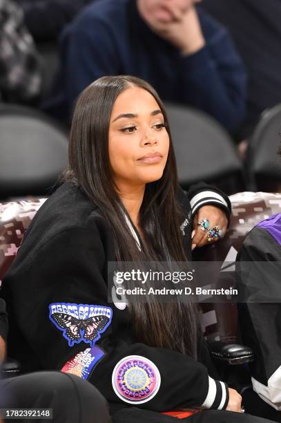 Lauren London attends a basketball game between the Los Angeles Lakers and the Portland Trail Blazers on November 12, 2023 at Crypto.Com Arena in Los...