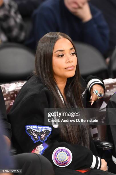 Lauren London attends a basketball game between the Los Angeles Lakers and the Portland Trail Blazers on November 12, 2023 at Crypto.Com Arena in Los...