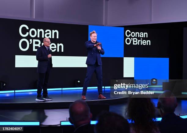 Scott Greenstein, SiriusXM President and Chief Content Officer and Conan O'Brien speak during the SiriusXM Next Generation: Industry & Press Preview...