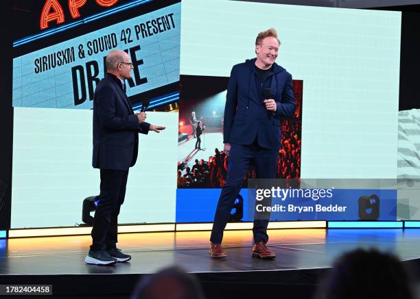 Scott Greenstein, SiriusXM President and Chief Content Officer and Conan O'Brien speak during the SiriusXM Next Generation: Industry & Press Preview...