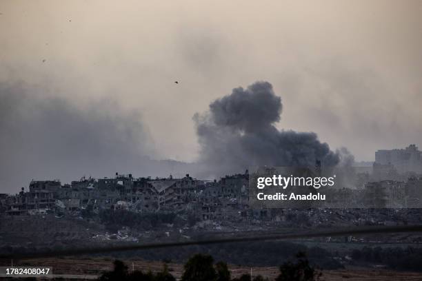 Smoke rises in Gaza which is seen from the Sderot city as the Israeli airstrikes on Gaza continue on the 39th day, in Sderot, Israel on November 14,...