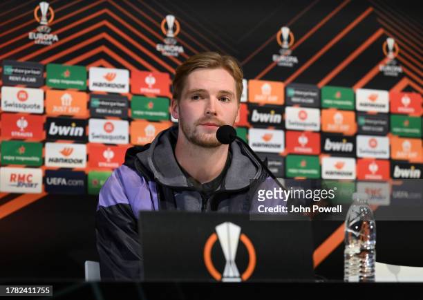 Caoimhin Kelleher of Liverpool during a press conference at Stadium de Toulouse on November 08, 2023 in Toulouse, France.