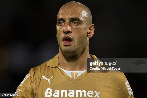 Ariel Nahuelpan of Pumas reacts during a match between Pumas and Atletico San Luis as part of the Apertura 2013 Copa MX at Olympic Stadium on August...