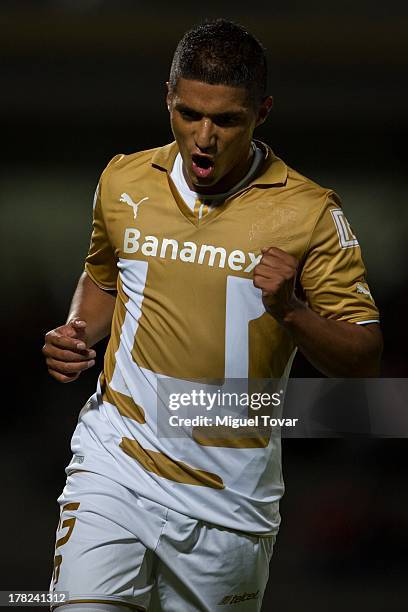 Candido Ramirez of Pumas celebrates a goal against Atletico San Luis during a match between Pumas and Atletico San Luis as part of the Apertura 2013...