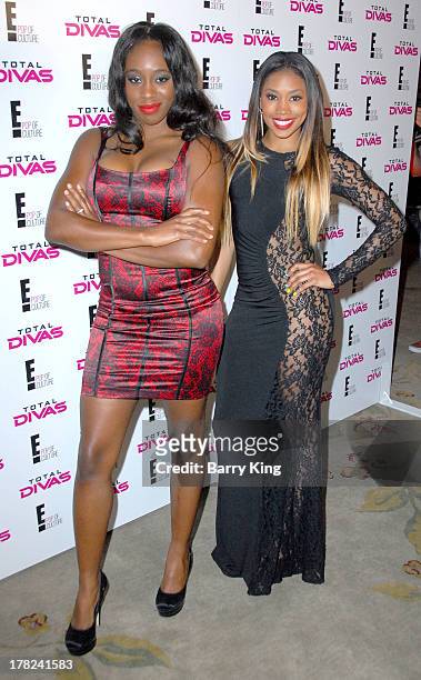 Divas Naomi aka Trinty McCray and Cameron aka Ariane Andrew attend the WWE SummerSlam Press Conference on August 13, 2013 at the Beverly Hills Hotel...