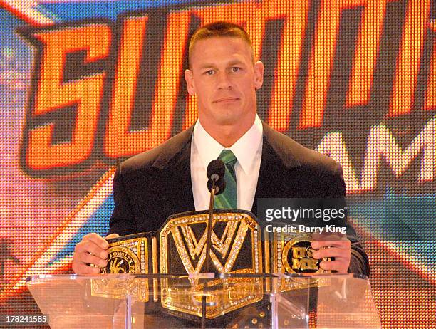 Superstar John Cena attends the WWE SummerSlam Press Conference on August 13, 2013 at the Beverly Hills Hotel in Beverly Hills, California.