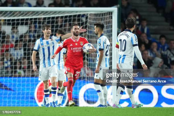 Rafa of SL Benfica reacts after scoring the team's first goal during the UEFA Champions League match between Real Sociedad and SL Benfica at Reale...