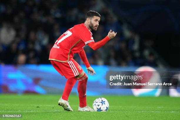 Rafa of SL Benfica reacts after scoring the team's first goal during the UEFA Champions League match between Real Sociedad and SL Benfica at Reale...